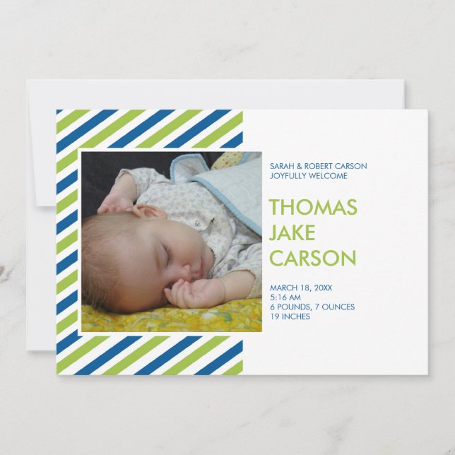 Modern stripes blue green baby birth announcement (Front)