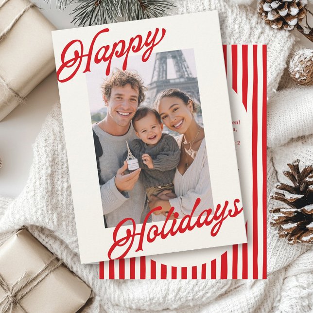 Modern Stripes Bright Red Minimalist Happy  Holiday Card (Creator Uploaded)