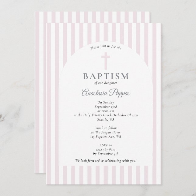 Modern Stripes Christening Baptism Blush Pink Girl Invitation (Front/Back)