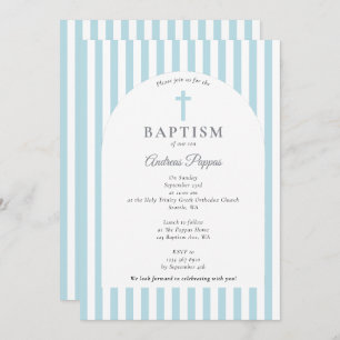 Modern Stripes Christening Baptism Dusty Blue Boy Invitation