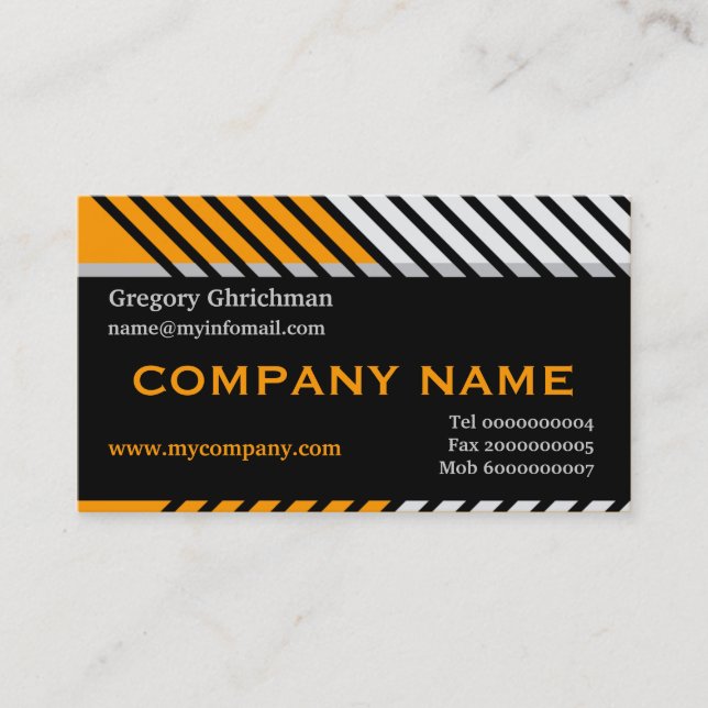 Modern stripes construction black, orange, grey business card (Front)