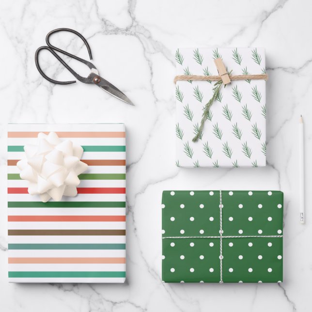 Modern Stripes Dots and Pine Christmas Holiday Wrapping Paper Sheet (Front)