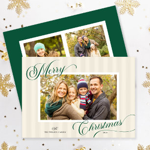 Modern Stripes Elegant Script 3 Photos Christmas Holiday Card