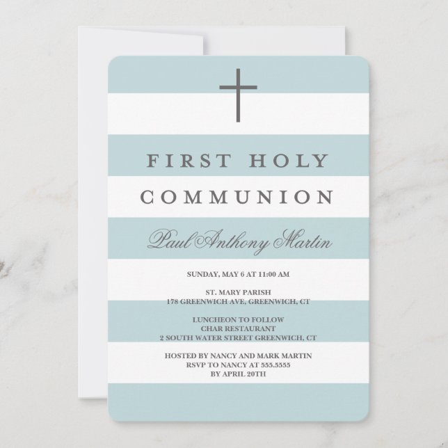 Modern Stripes First Communion Invitation Blue (Front)