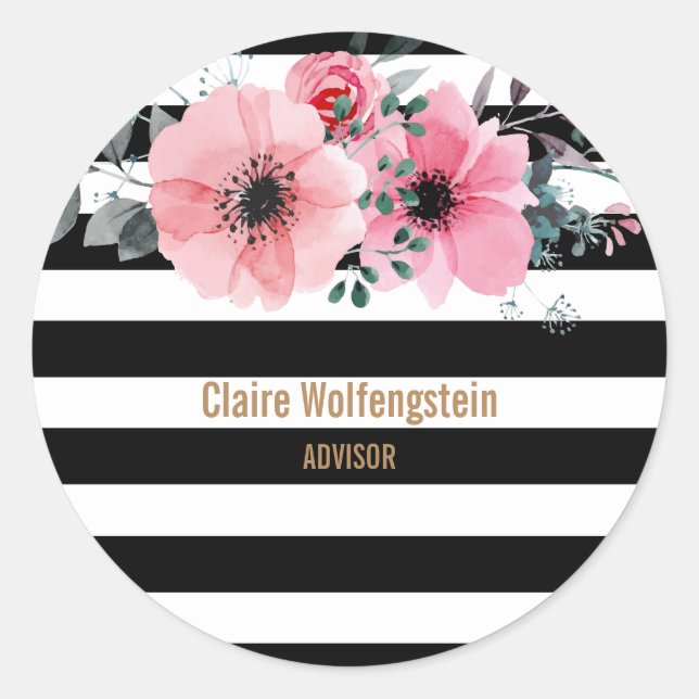 Modern Stripes Floral Classic Round Sticker (Front)