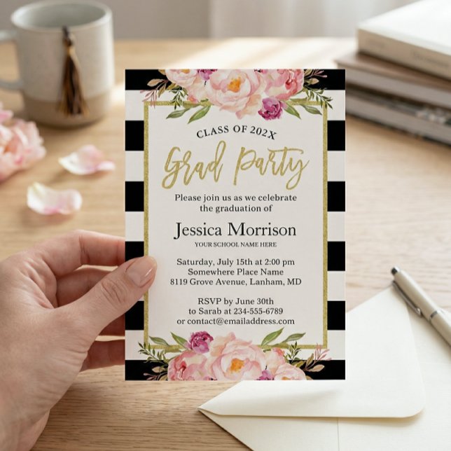 Modern Stripes Floral Gold Script Graduation Party Invitation (Creator Uploaded)