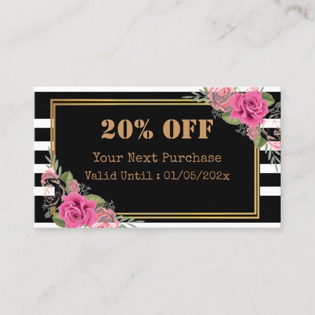 Modern Stripes Floral QR Code Discount Card (Front)