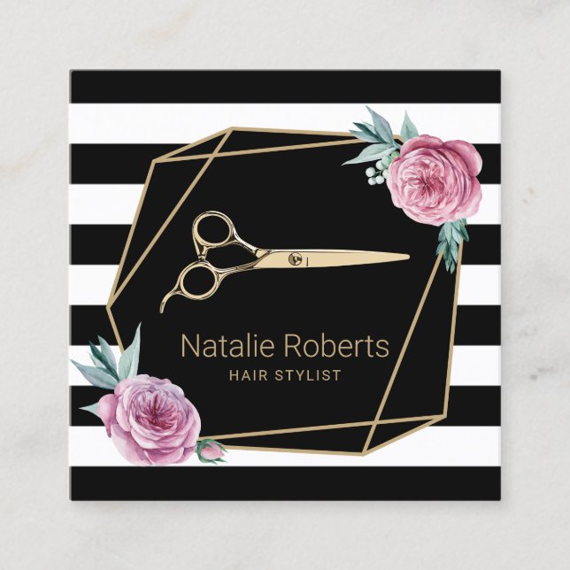Modern Stripes Geometric Hair Stylist Pink Floral Square Business Card (Front)