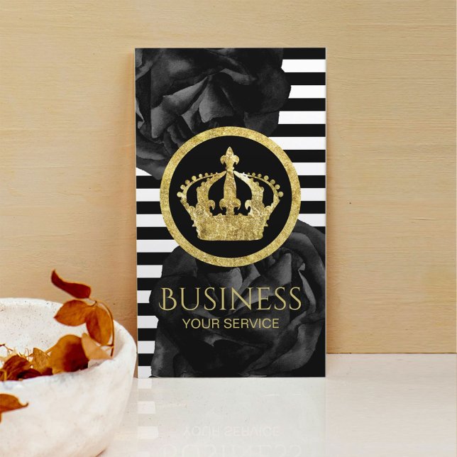 Modern Stripes Gold Crown Logo Black Floral Business Card (Creator Uploaded)