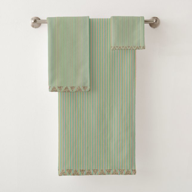 Modern Stripes Green Teal Peach Gold  Bath Towel Set (Insitu)