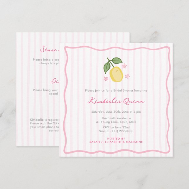 Modern Stripes Hand-Drawn Lemon Bridal Shower Invitation (Front/Back)