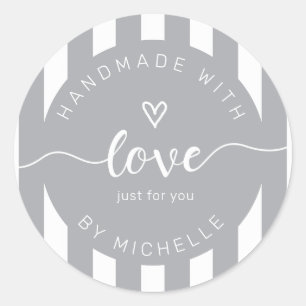 modern stripes handmade with love monogram classic round sticker