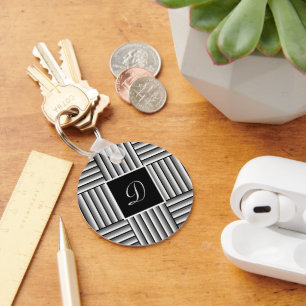Modern stripes in black, white and grey - Monogram Key Ring