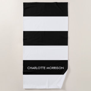 Modern stripes name monogram black and white  beach towel
