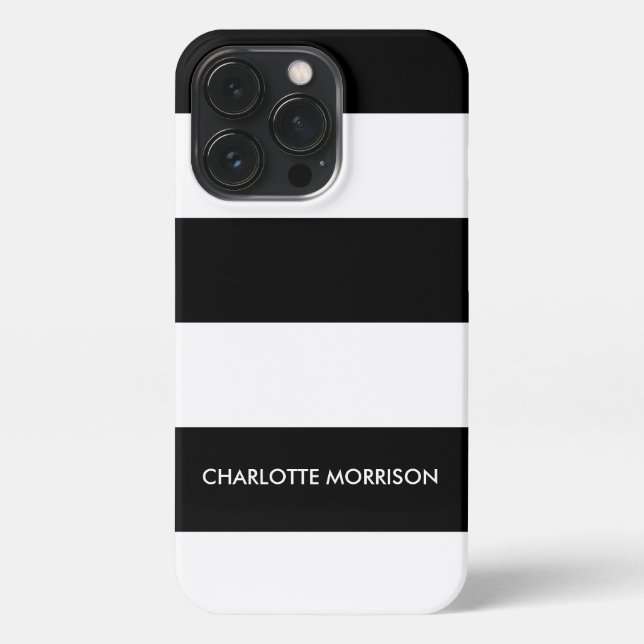 Modern stripes name monogram black and white iPhone case (Back)