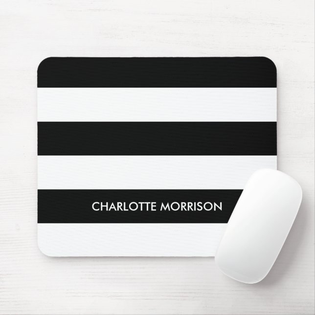Modern stripes name monogram black and white mouse pad (With Mouse)