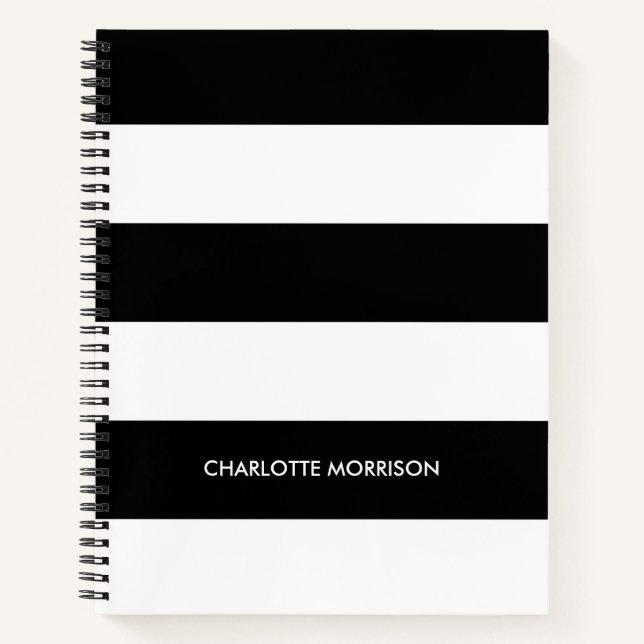 Modern stripes name monogram black and white notebook (Front)