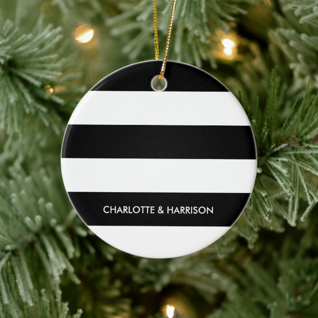 Modern stripes names monogram black and white ceramic tree decoration (Tree)