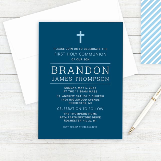 Modern Stripes Navy Blue First Communion for Boy Invitation (Creator Uploaded)