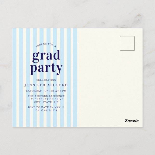 Modern Stripes Navy Blue Photo Graduation Party Postcard (Back)