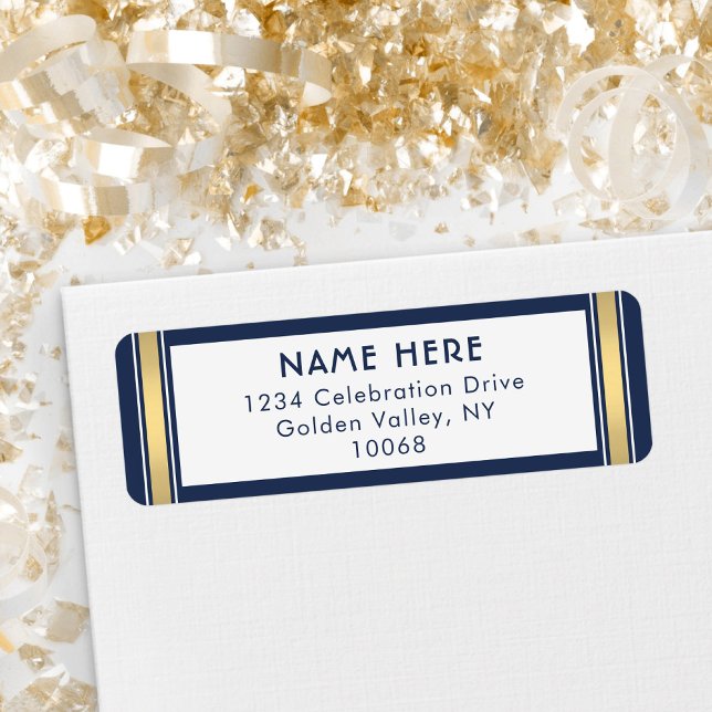 Modern Stripes Navy Blue White Gold Return Address (Creator Uploaded)