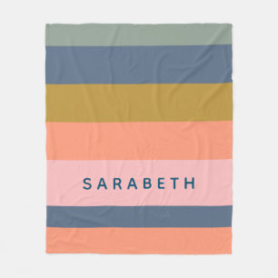 Modern Stripes Personalised Name Coral Navy Fleece Blanket