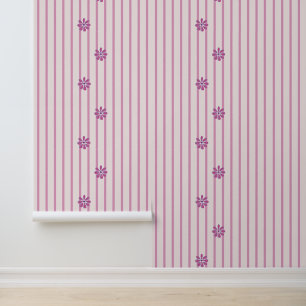 Modern Stripes & Pink Blooms Wallpaper