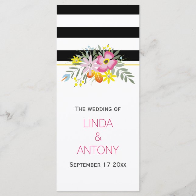 Modern stripes pink flowers wedding program programme (Front)