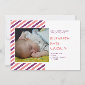Modern stripes pink purple baby birth announcement