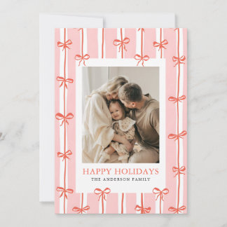 Modern Stripes & Red Bow Christmas Photo Holiday Card