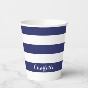Modern stripes script name navy blue white chic  paper cups