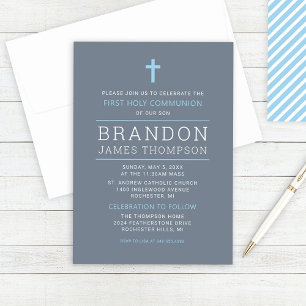 Modern Stripes Slate Blue First Communion Boy Invitation