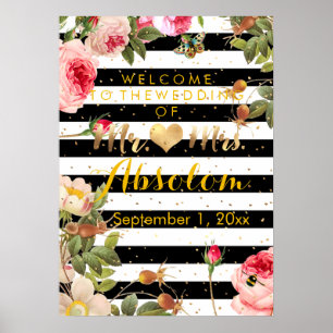 Modern Stripes/Vintage Roses/Gold Specks/Reception Poster