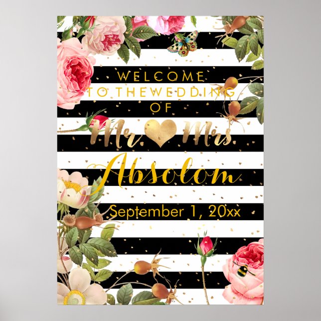 Modern Stripes/Vintage Roses/Gold Specks/Reception Poster (Front)