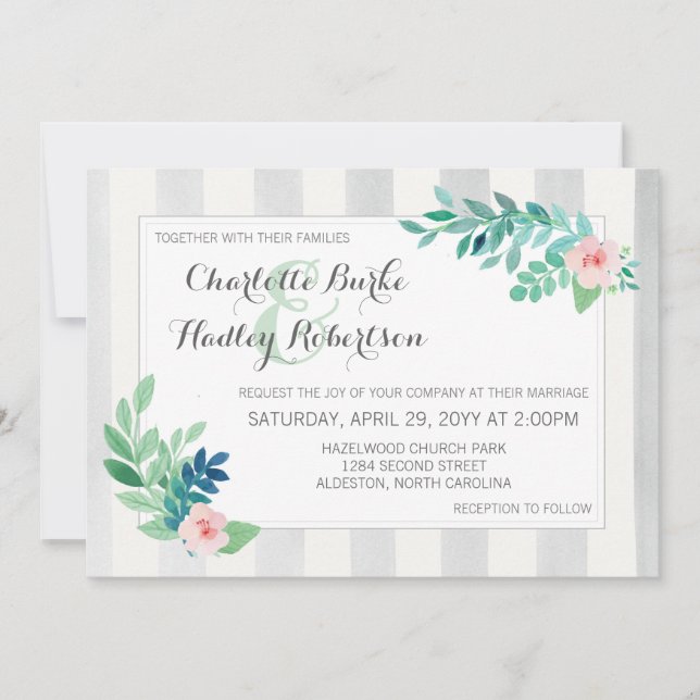 Modern Stripes & Watercolor Floral Pansy Wedding Invitation (Front)