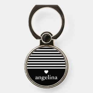 Modern Stripes with Upscale Heart Monogram Black Phone Ring Stand