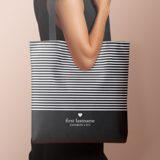 Modern Stripes with Upscale Heart Monogram Black Tote Bag