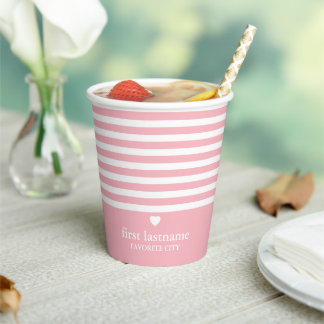 Modern Stripes with Upscale Heart Monogram Blush Paper Cups