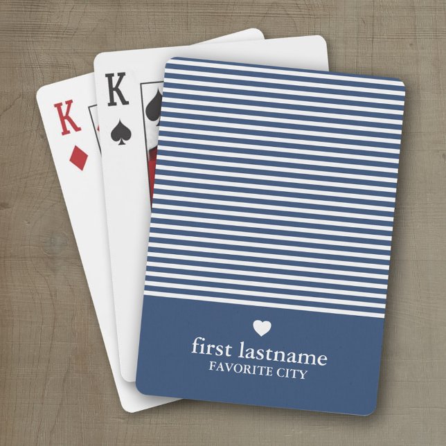 Modern Stripes with Upscale Heart Monogram Navy Playing Cards (Personalized playing cards with a modern stripe pattern and a place for a name or monogram)