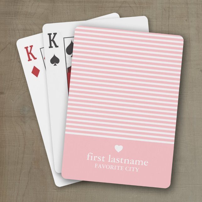 Modern Stripes with Upscale Heart Monogram Pink Playing Cards (Personalized playing cards with a modern stripe pattern and a place for a name or monogram)