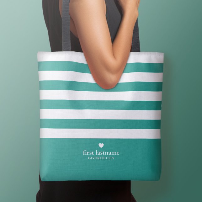 Modern Stripes with Upscale Heart Monogram - Teal Crossbody Bag (Personalized tote bag - add your name or other text)
