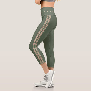 Modern Stripes Yoga Fitness Gym Moss Green Capri Leggings