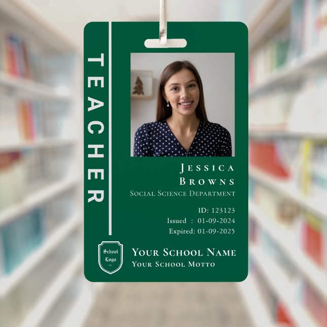 Modern Student/Teacher Green Photo School Logo ID Badge (Modern Student/Teacher Green Photo School Logo Badge)