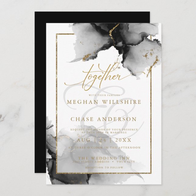 Modern Stunning Custom3 Charcoal  Watercolor Invitation (Front/Back)