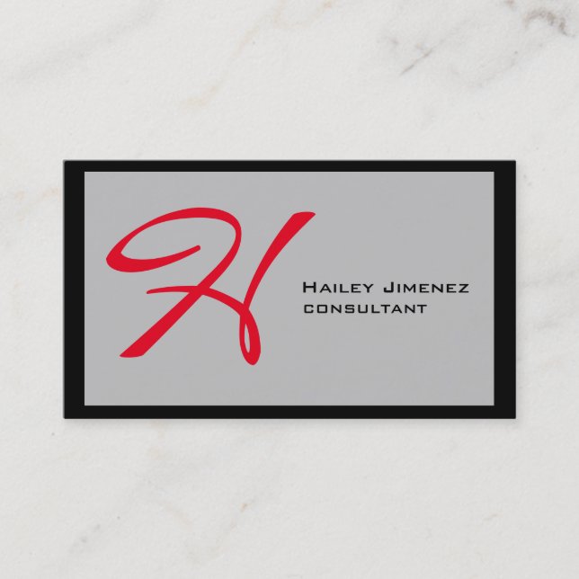 Modern Style Grey Black Red Monogram Professional Business Card (Front)