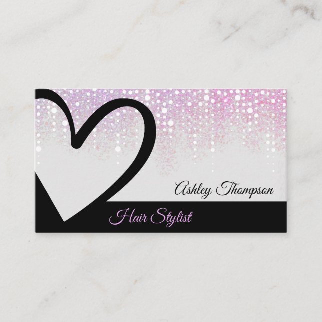 Modern Style Pink Drips Black Heart Hair Stylist Business Card (Front)