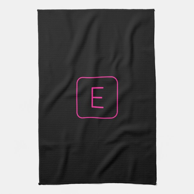 Modern Styled Initial Monogram | Pink & Black Tea Towel (Vertical)