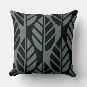 Modern Stylised Black Grey Leaves Pattern Cushion