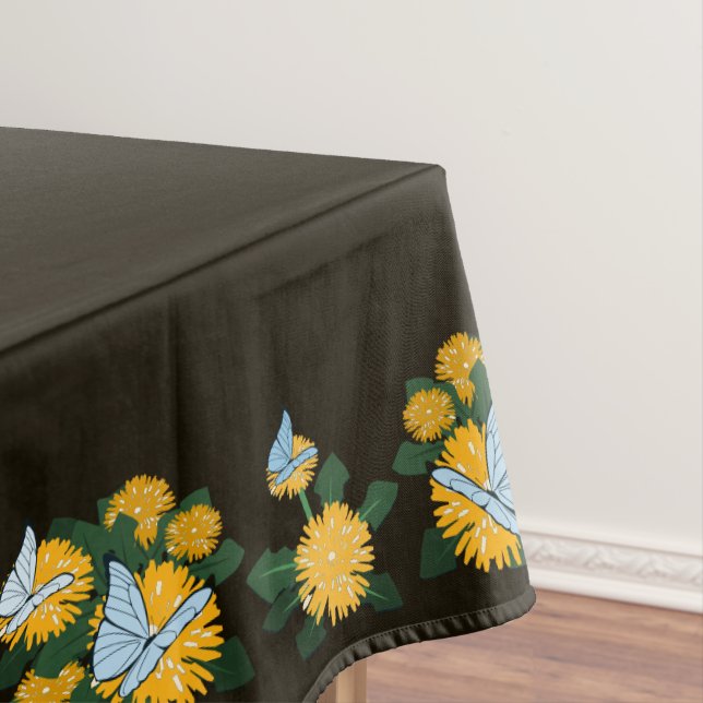 Modern Stylised Dandelion Butterflies Brown Tablecloth (In Situ)