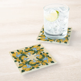 Modern Stylised Dandelion Butterflies Yellow Glass Coaster